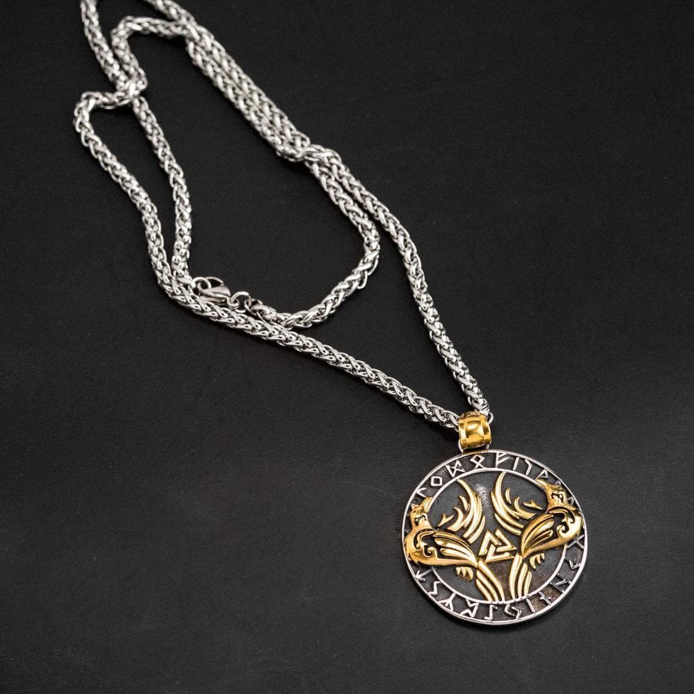 Dual Colored Stainless Steel Circular Huggin & Muginn Necklace-Viking Necklace-Norse Spirit