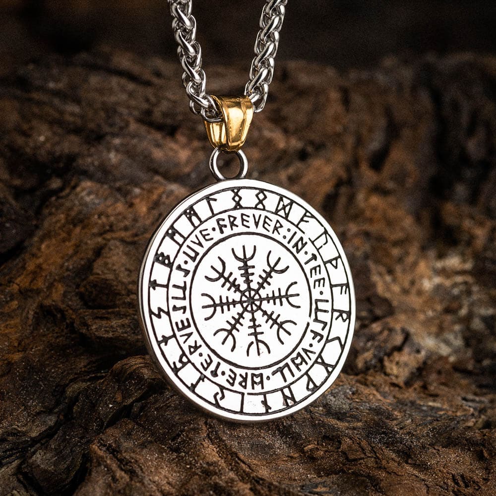 Dual Colored Stainless Steel Circular Twin Wolf and Valknut Necklace-Viking Necklace-Norse Spirit