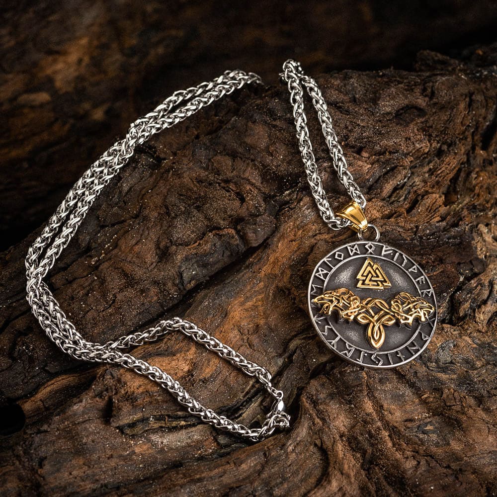 Dual Colored Stainless Steel Circular Twin Wolf and Valknut Necklace-Viking Necklace-Norse Spirit