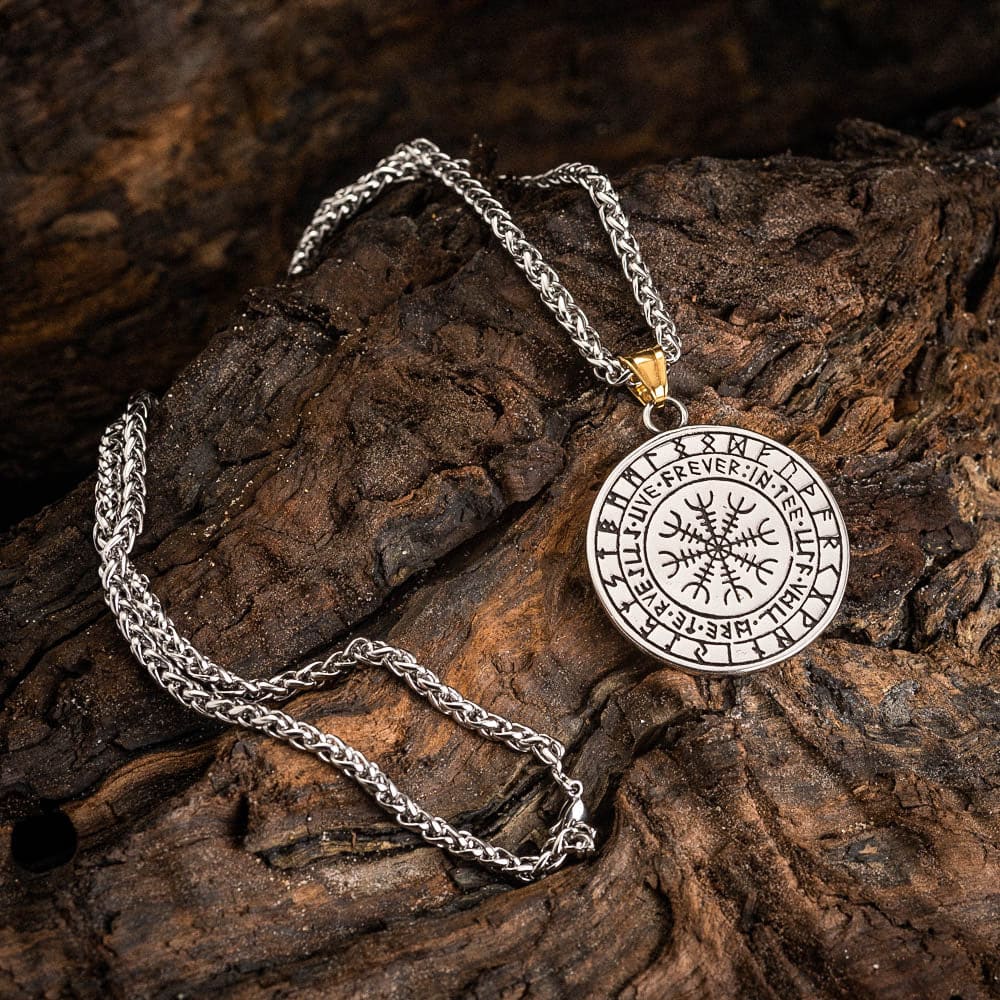 Dual Colored Stainless Steel Circular Twin Wolf and Valknut Necklace-Viking Necklace-Norse Spirit