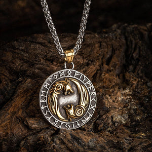 Dual Colored Stainless Steel Circular Twin Wolf Necklace-Viking Necklace-Norse Spirit