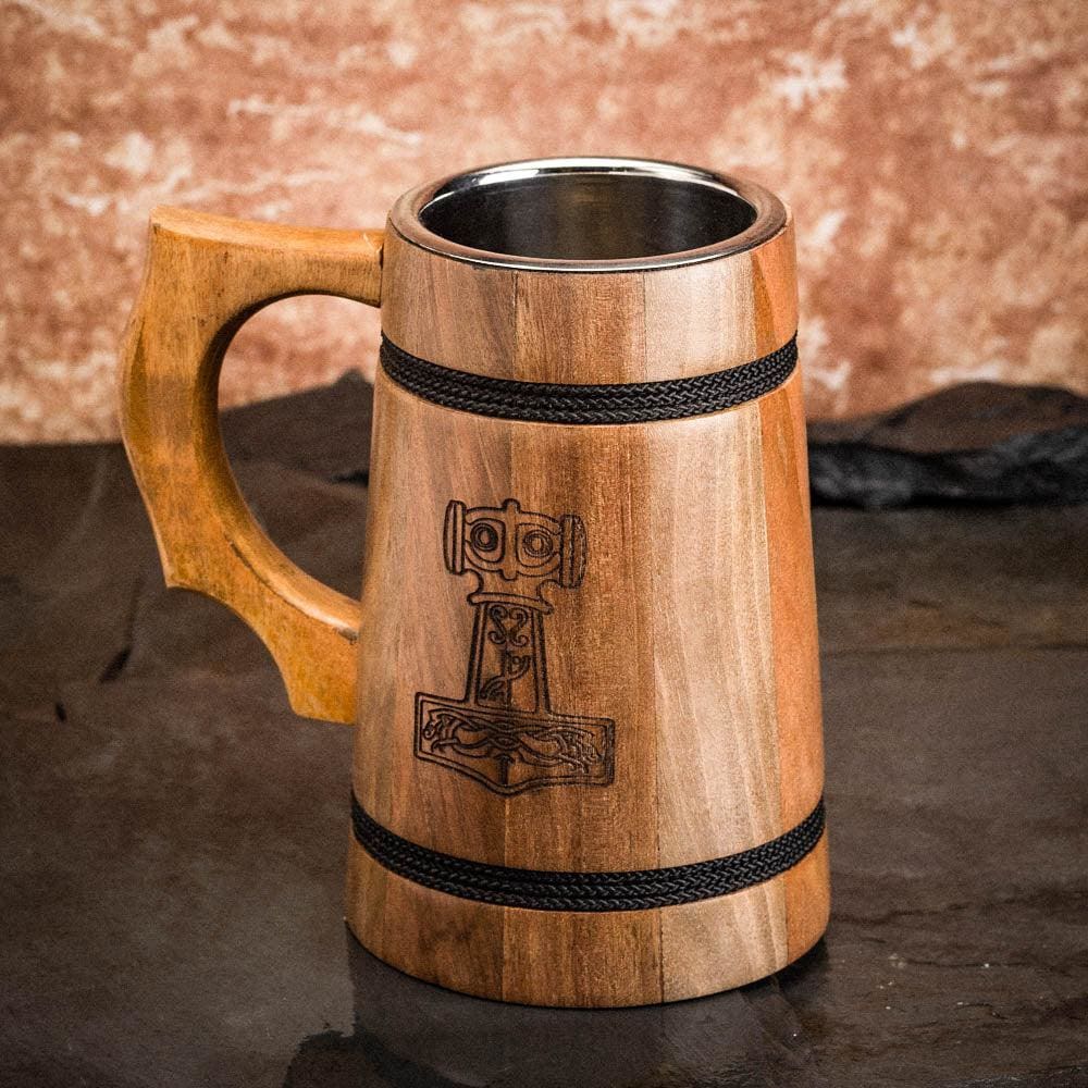 Handmade Wooden Tankard With Mjolnir Engraving-Viking Tankard-Norse Spirit