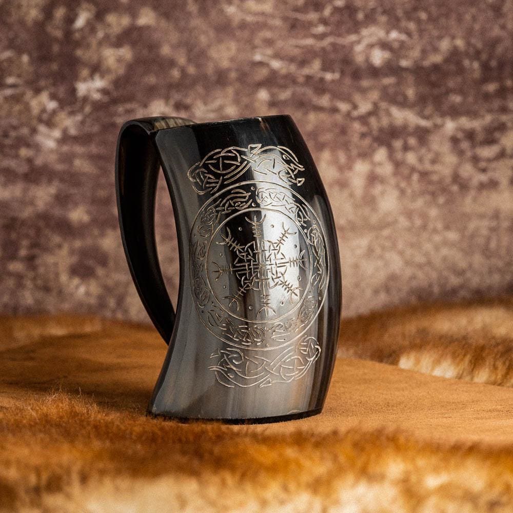 Horn Mug With Helm of Awe Design-Viking Drinking Horn-Norse Spirit
