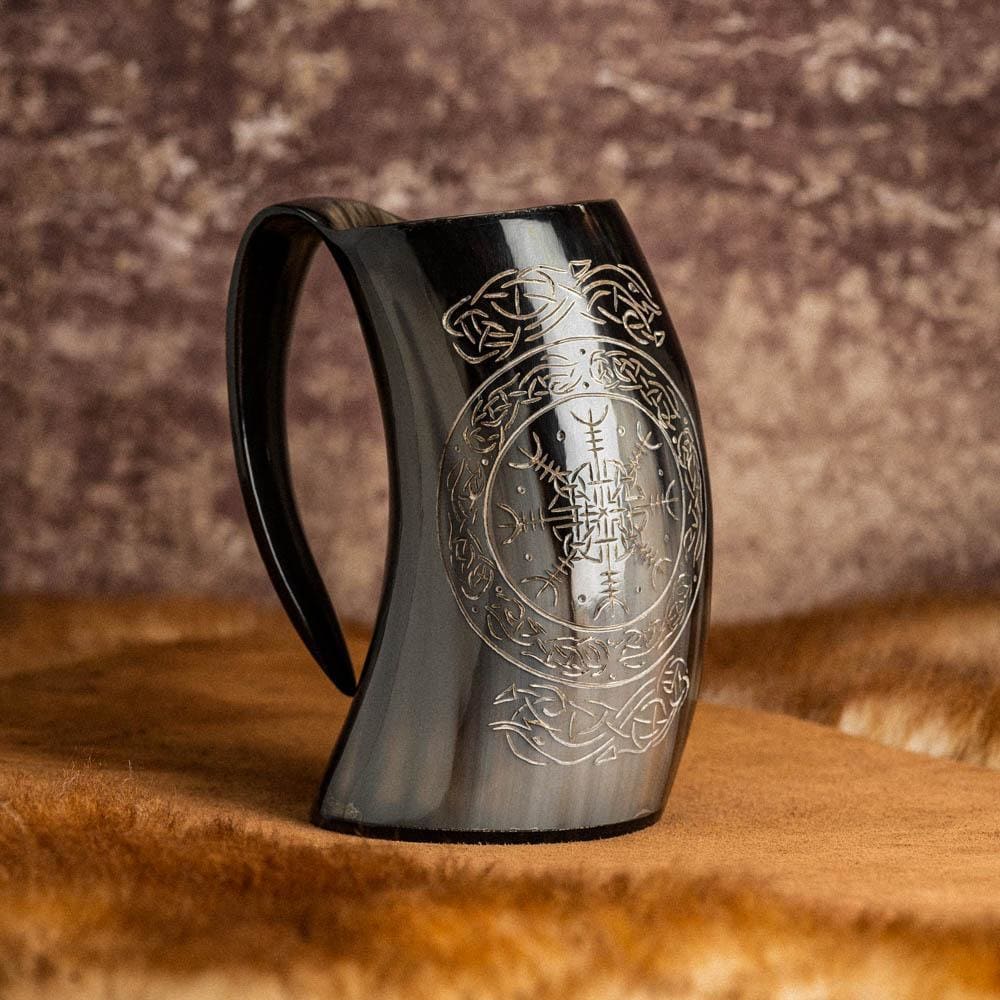 Horn Mug With Helm of Awe Design-Viking Drinking Horn-Norse Spirit