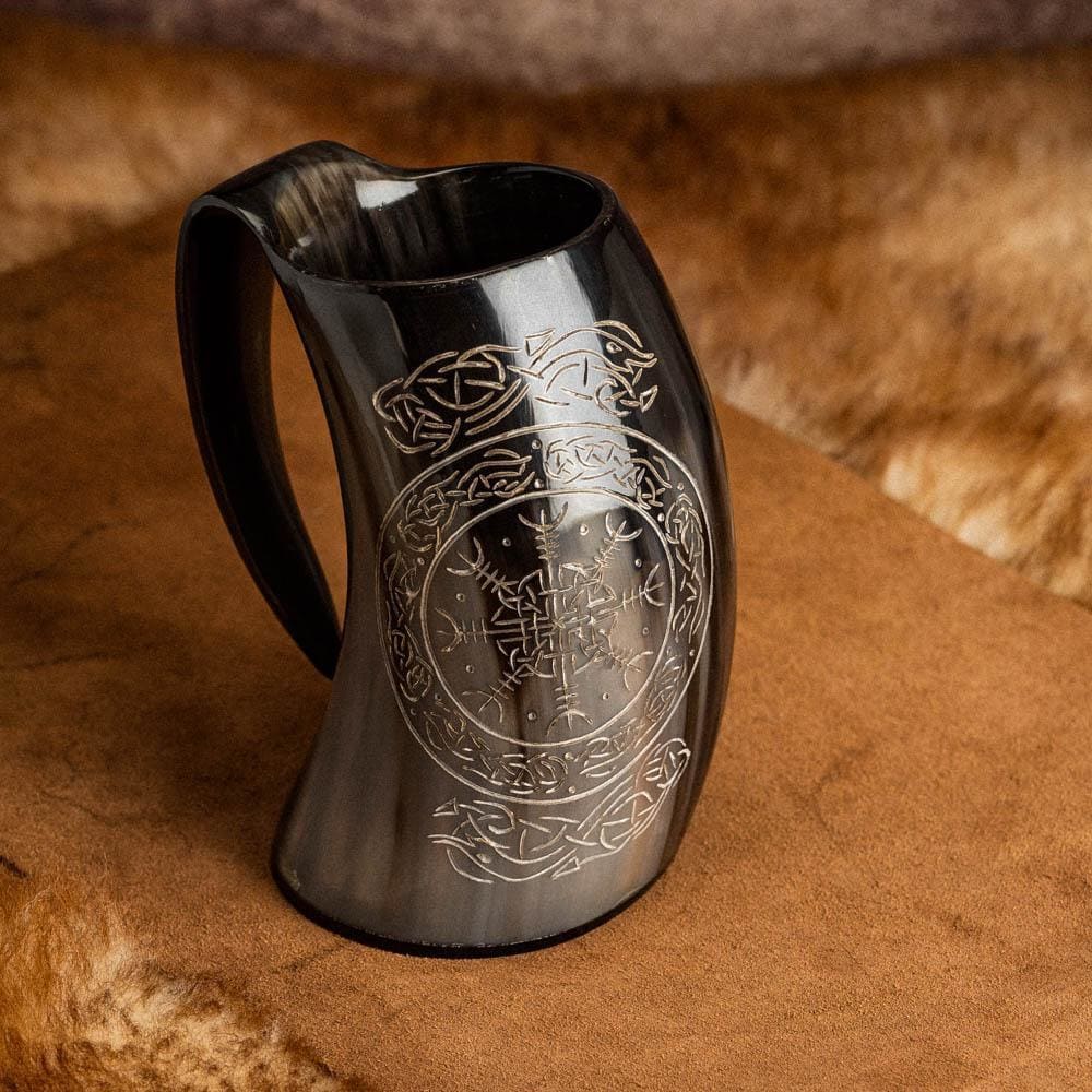 Horn Mug With Helm of Awe Design-Viking Drinking Horn-Norse Spirit