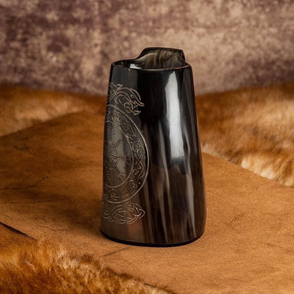 Horn Mug With Helm of Awe Design-Viking Drinking Horn-Norse Spirit