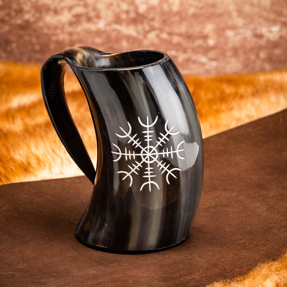 Horn Mug With Helm of Awe Design-Viking Drinking Horn-Norse Spirit