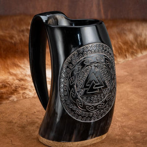 Horn Mug With Valknut and Celtic Scroll Design-Viking Drinking Horns and Mugs-Norse Spirit