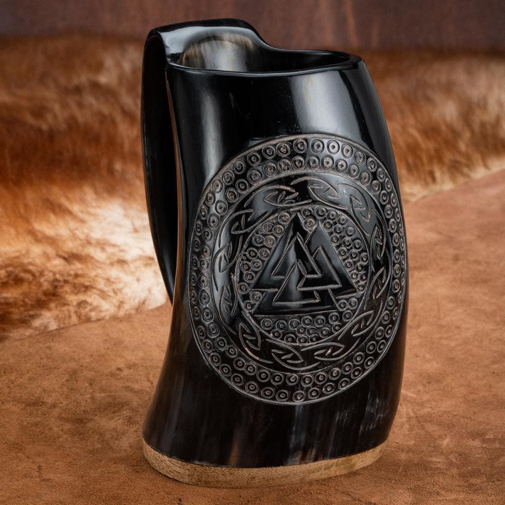 Horn Mug With Valknut and Celtic Scroll Design-Viking Drinking Horns and Mugs-Norse Spirit