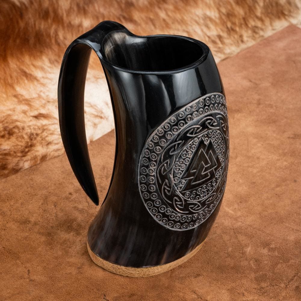 Horn Mug With Valknut and Celtic Scroll Design-Viking Drinking Horns and Mugs-Norse Spirit