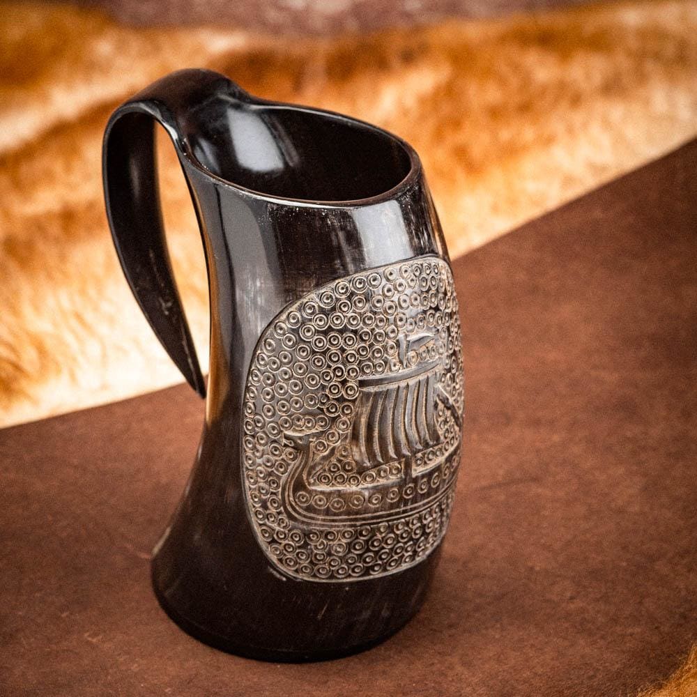 Horn Mug With Viking Longship Design-Viking Drinking Horn-Norse Spirit