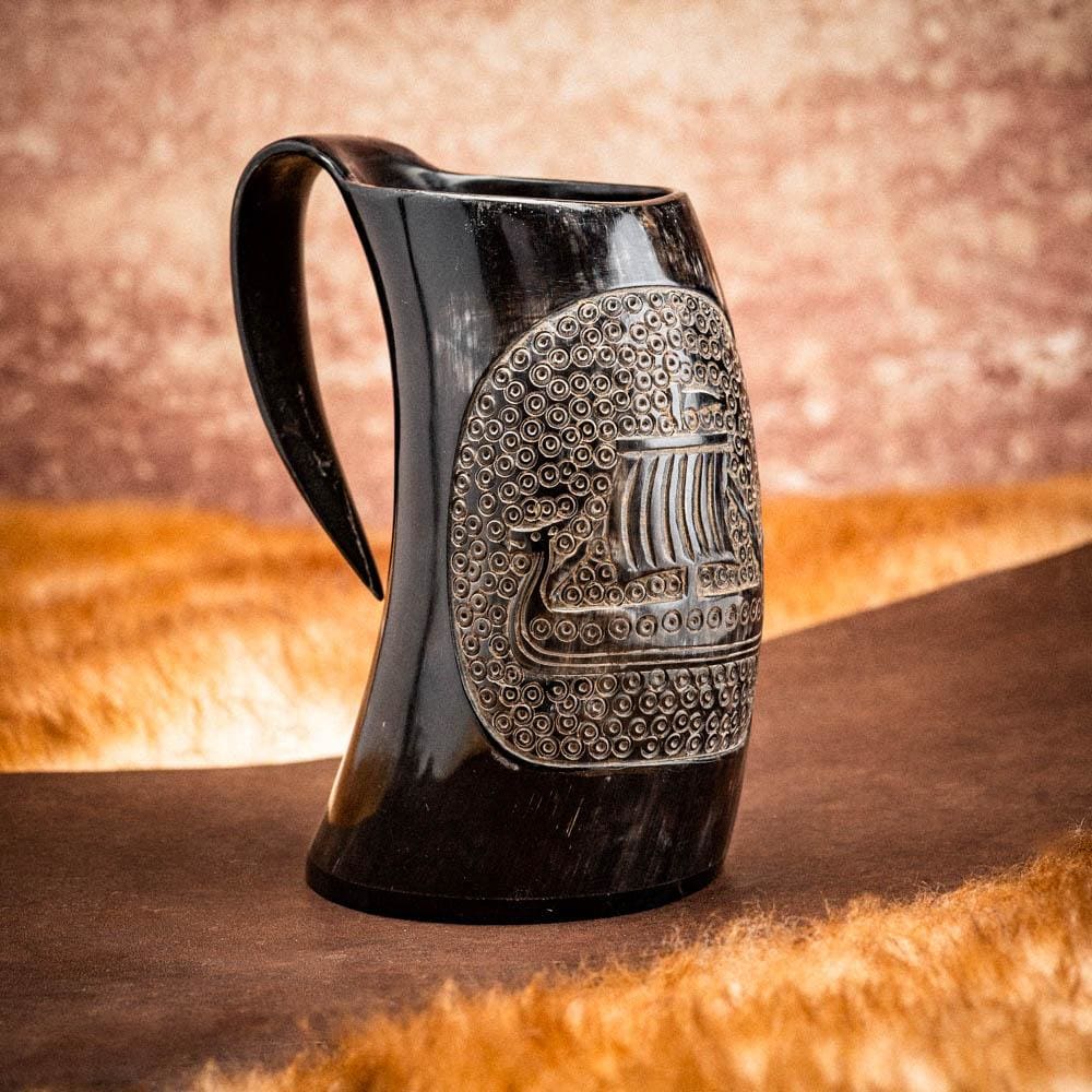 Horn Mug With Viking Longship Design-Viking Drinking Horn-Norse Spirit