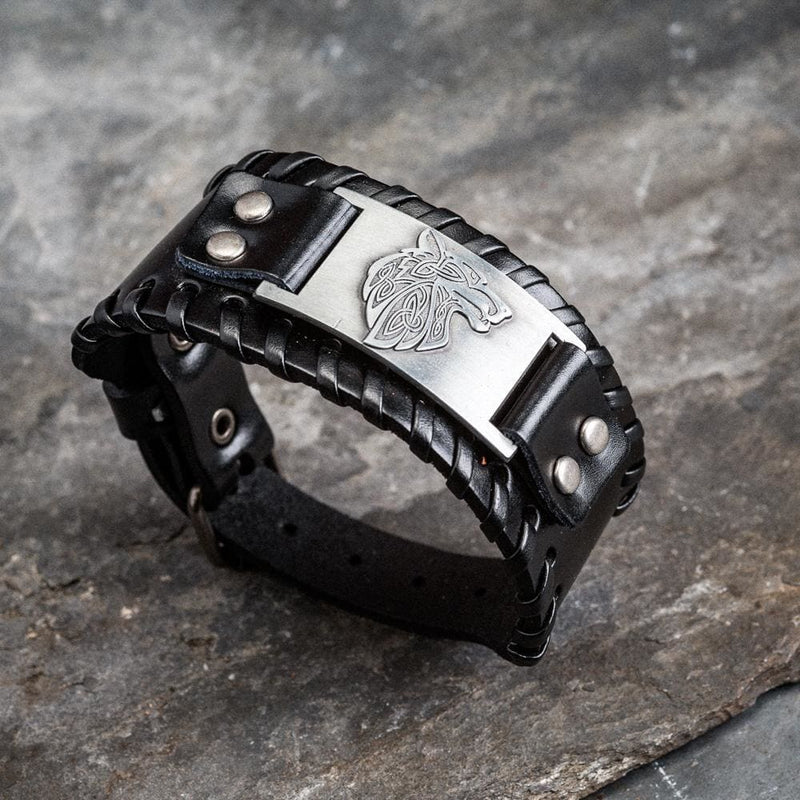 Leather Buckle Arm Cuff With Fenrir Design - Norse Spirit