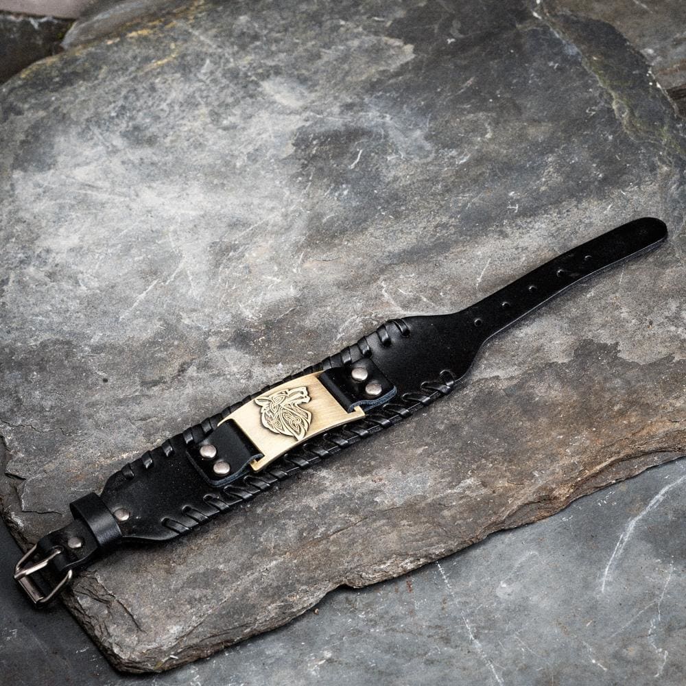 Leather Buckle Arm Cuff With Fenrir Design-Viking Bracelet-Norse Spirit