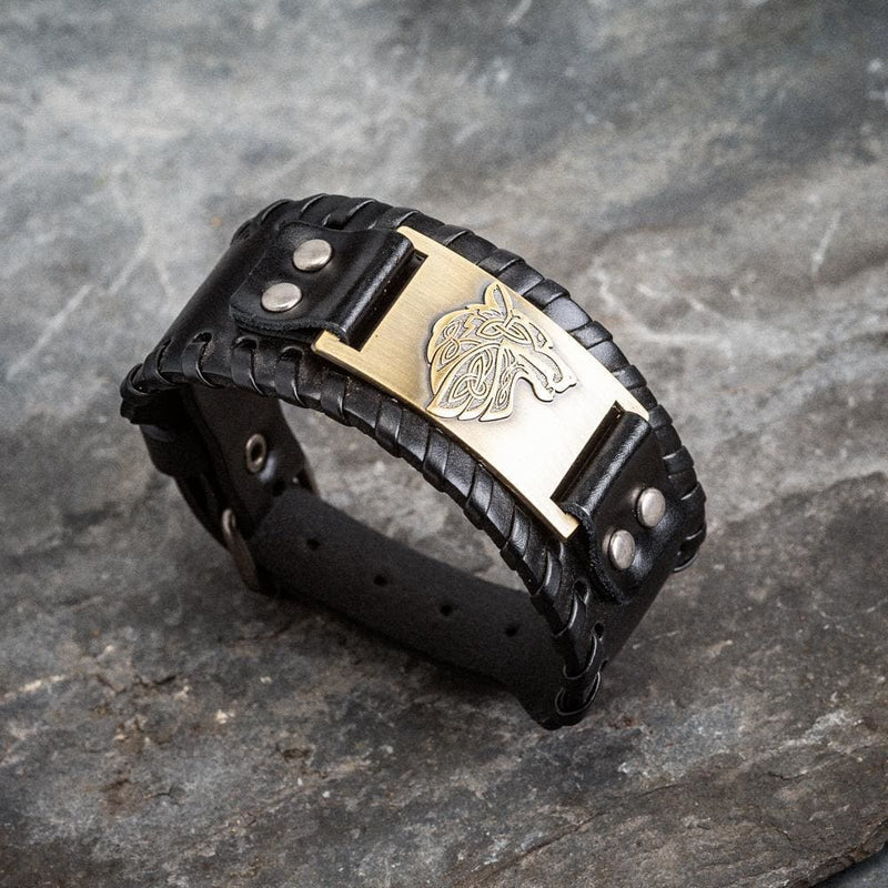 Leather Buckle Arm Cuff With Fenrir Design - Norse Spirit