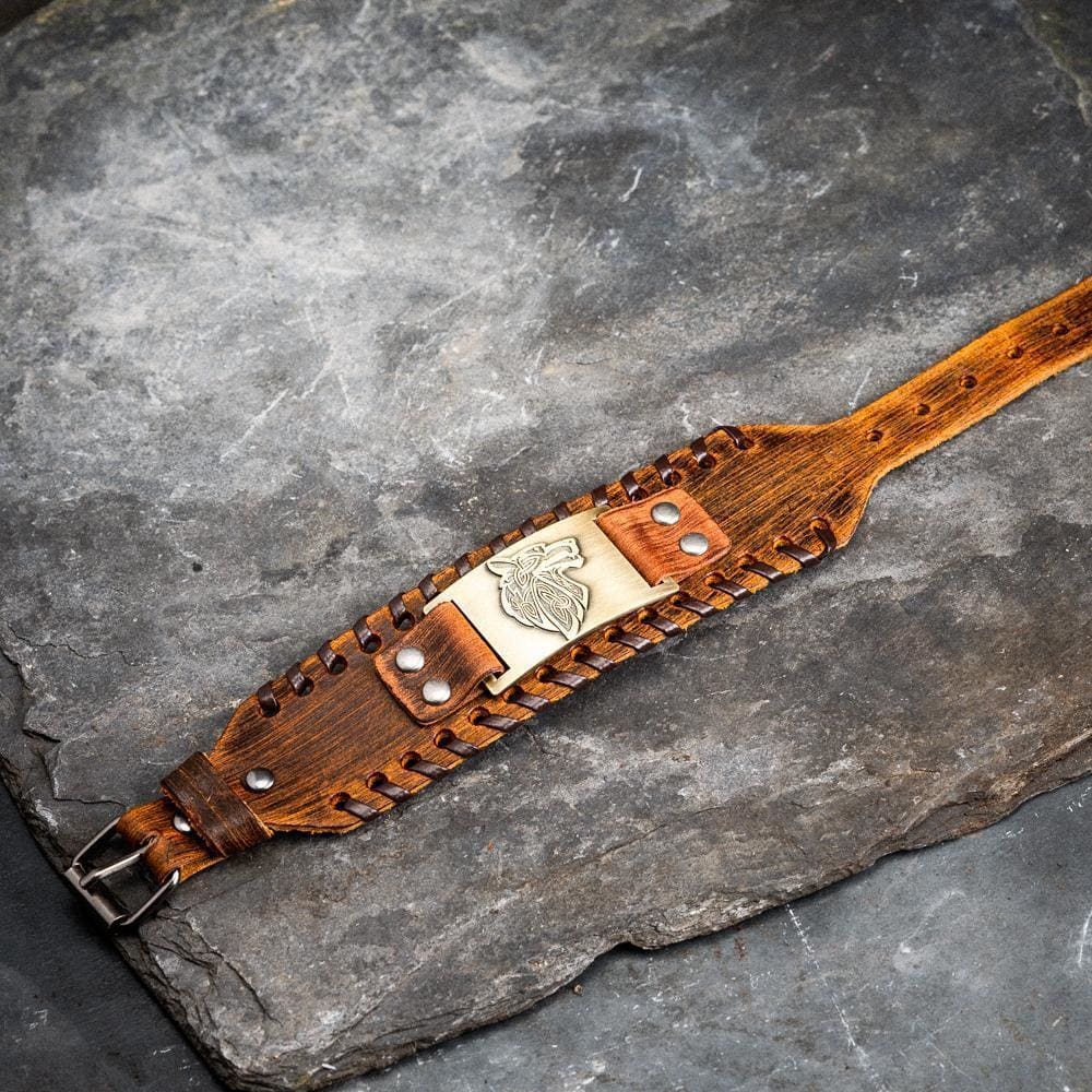 Leather Buckle Arm Cuff With Fenrir Design-Viking Bracelet-Norse Spirit