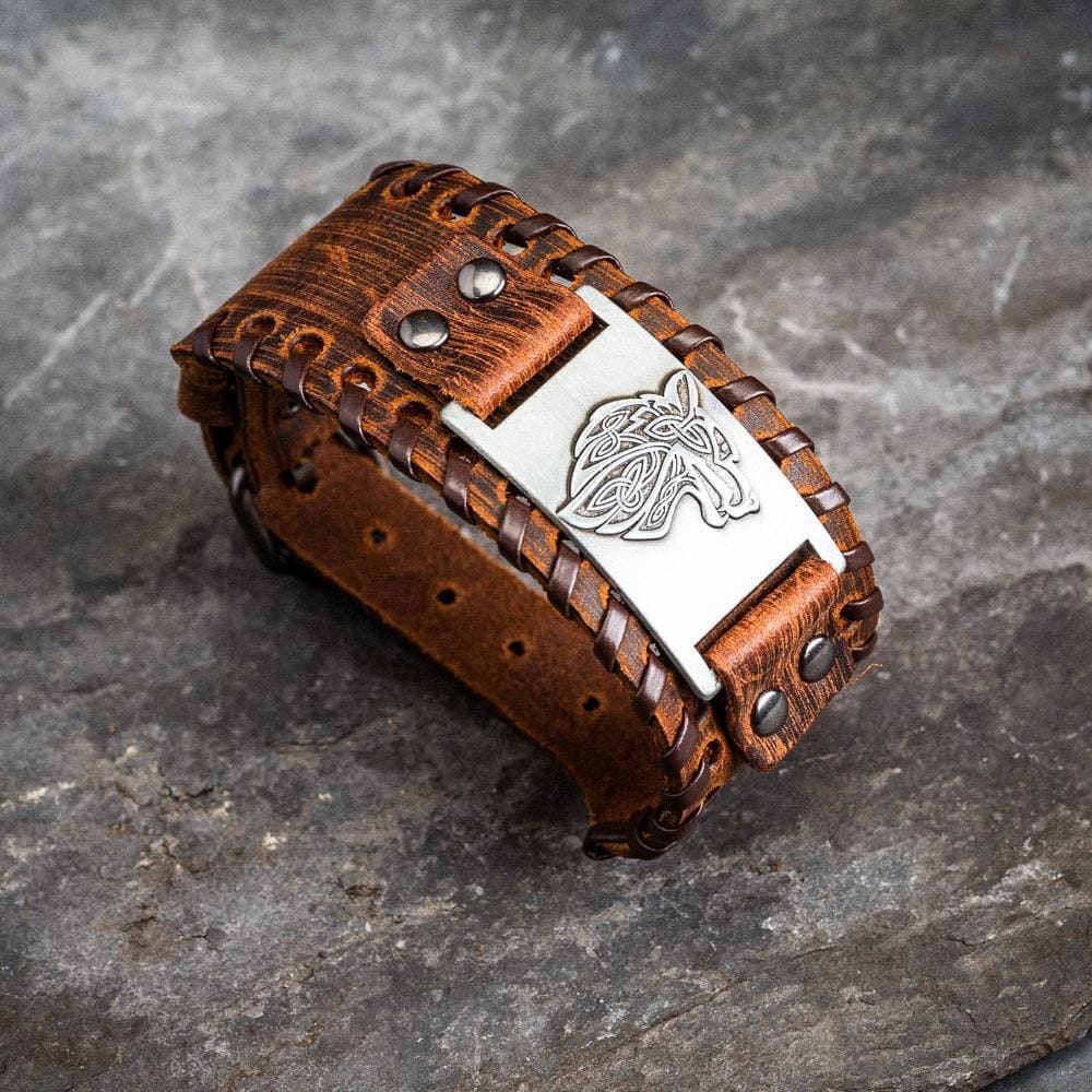 Leather Buckle Arm Cuff With Fenrir Design-Viking Bracelet-Norse Spirit