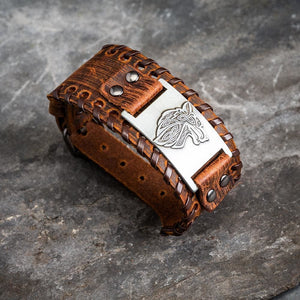 Leather Buckle Arm Cuff With Fenrir Design-Viking Bracelet-Norse Spirit