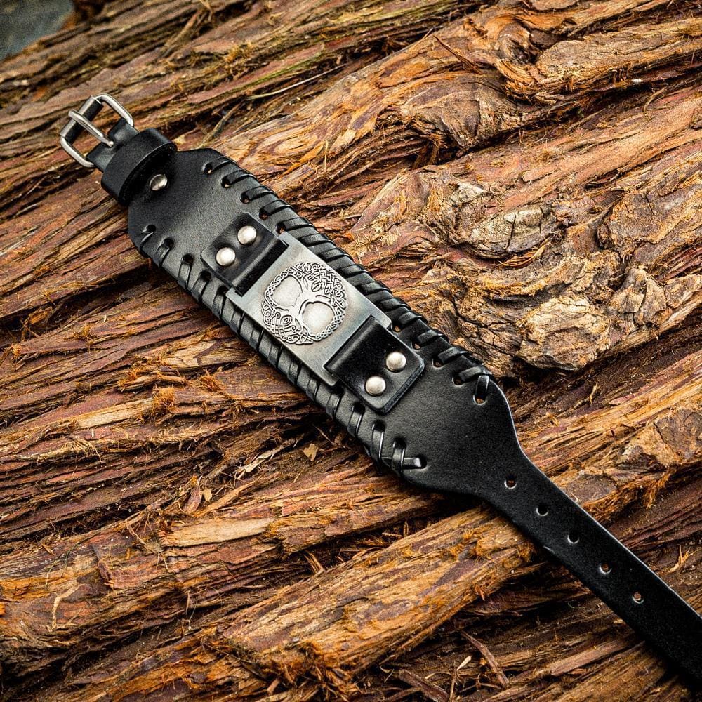 Leather Buckle Arm Cuff With Metal Tree of Life / Yggdrasil Design-Viking Bracelet-Norse Spirit