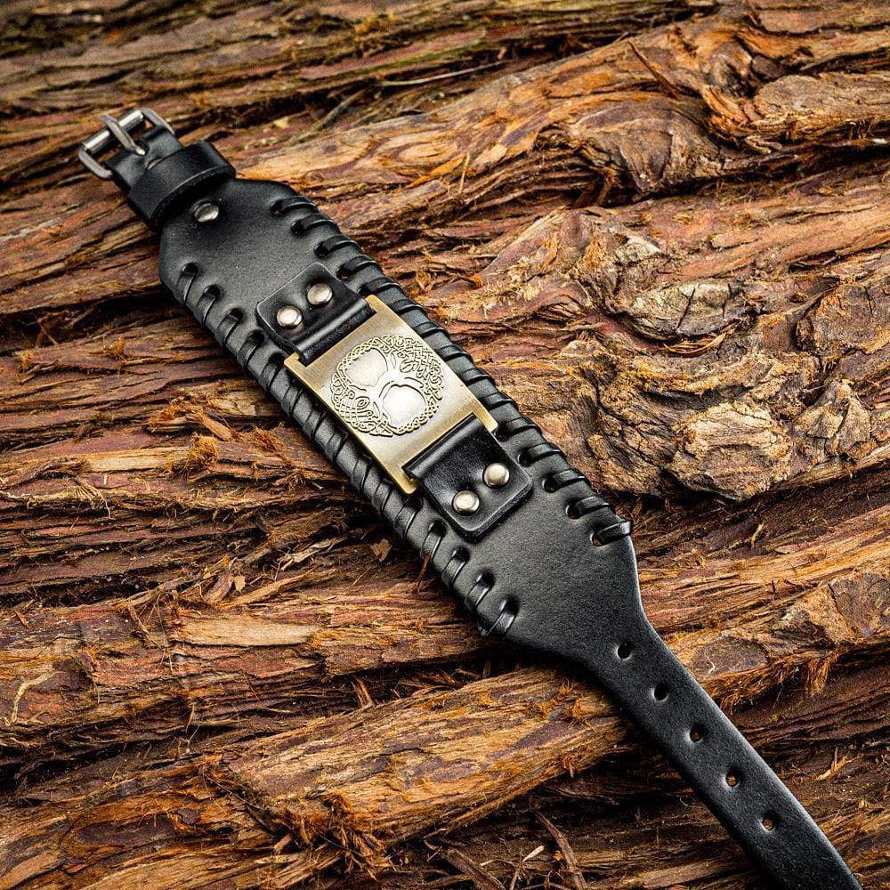 Leather Buckle Arm Cuff With Metal Tree of Life / Yggdrasil