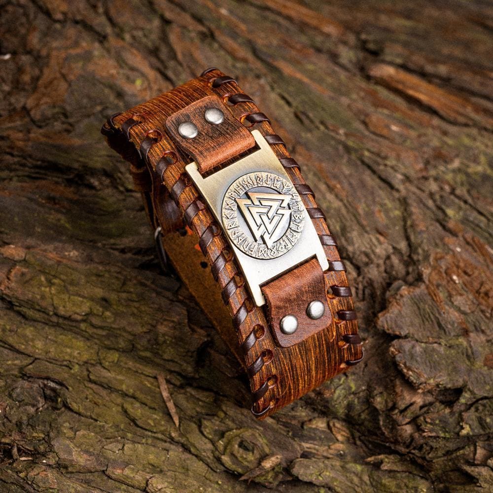 Leather Buckle Arm Cuff With Metal Valknut Design-Viking Bracelet-Norse Spirit