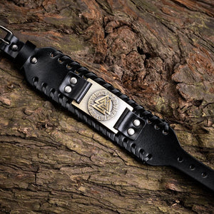 Leather Buckle Arm Cuff With Metal Valknut Design-Viking Bracelet-Norse Spirit