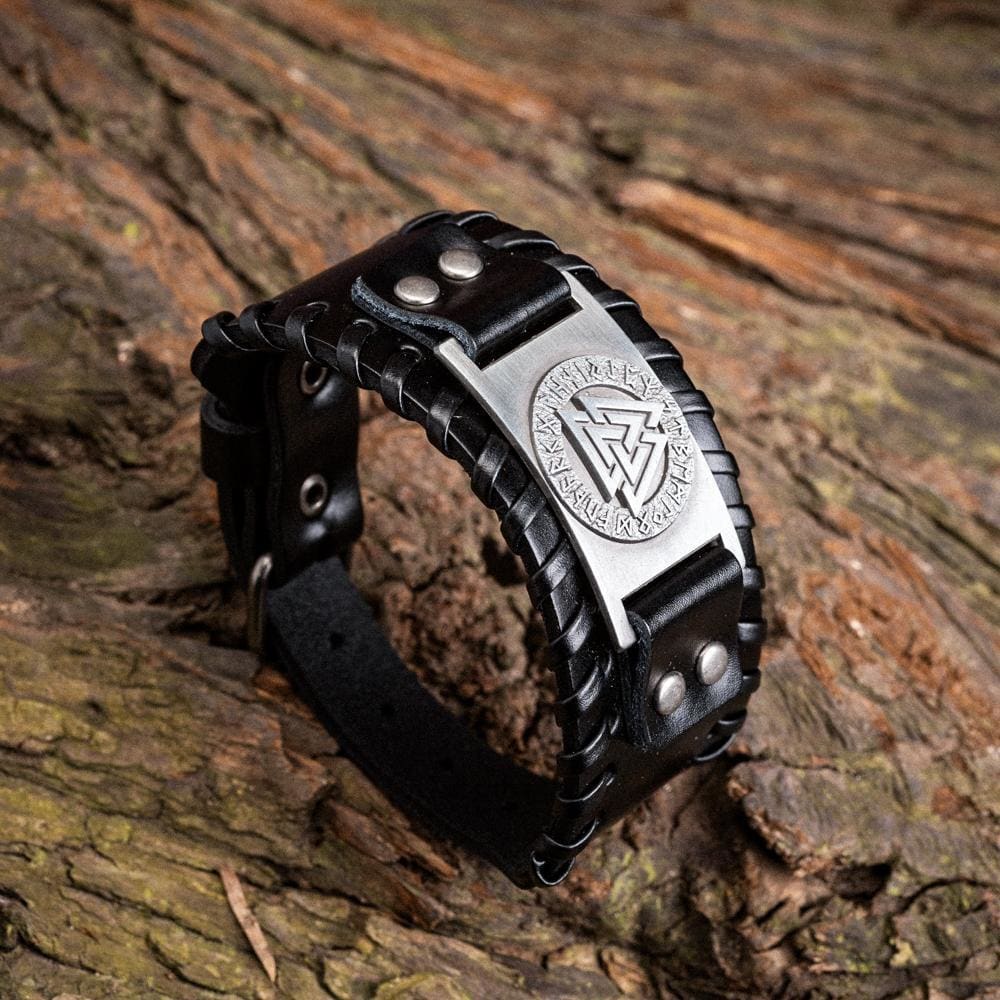 Leather Buckle Arm Cuff With Metal Valknut Design-Viking Bracelet-Norse Spirit