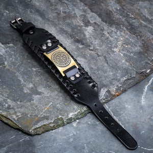 Leather Buckle Arm Cuff With Metal Vegvisir Design-Viking Bracelet-Norse Spirit