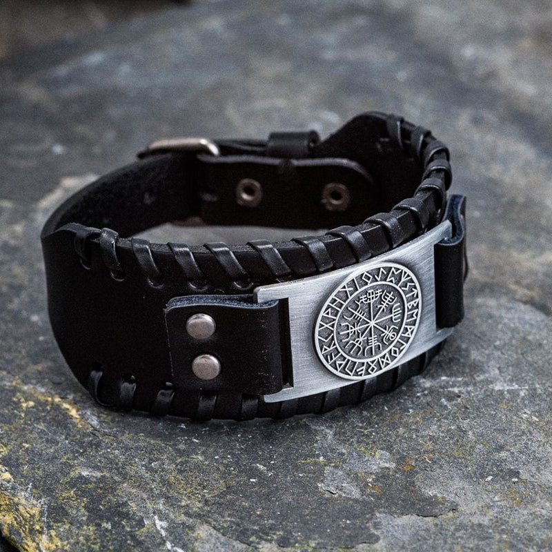 Leather Buckle Arm Cuff With Metal Vegvisir Design - Norse Spirit