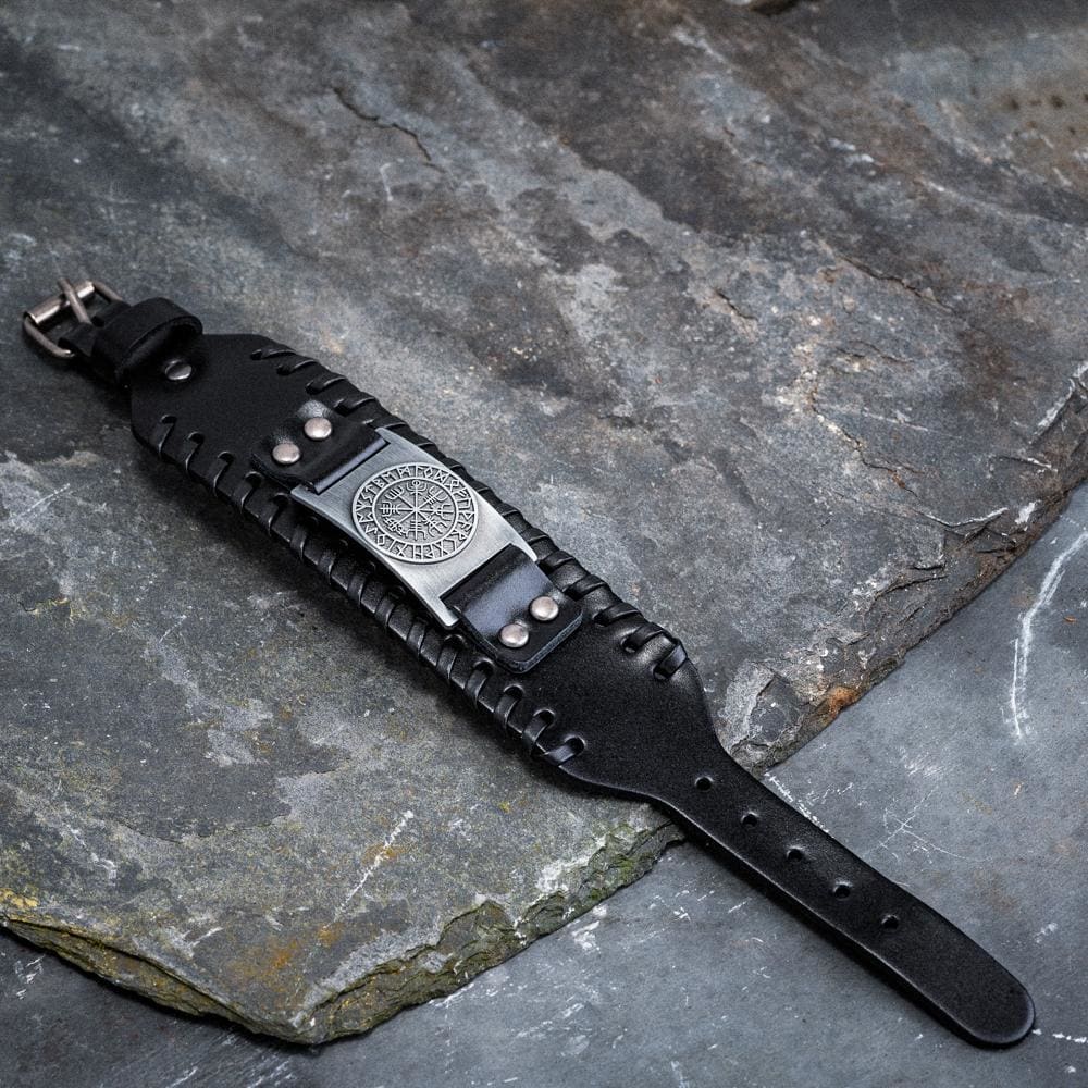 Leather Buckle Arm Cuff With Metal Vegvisir Design-Viking Bracelet-Norse Spirit