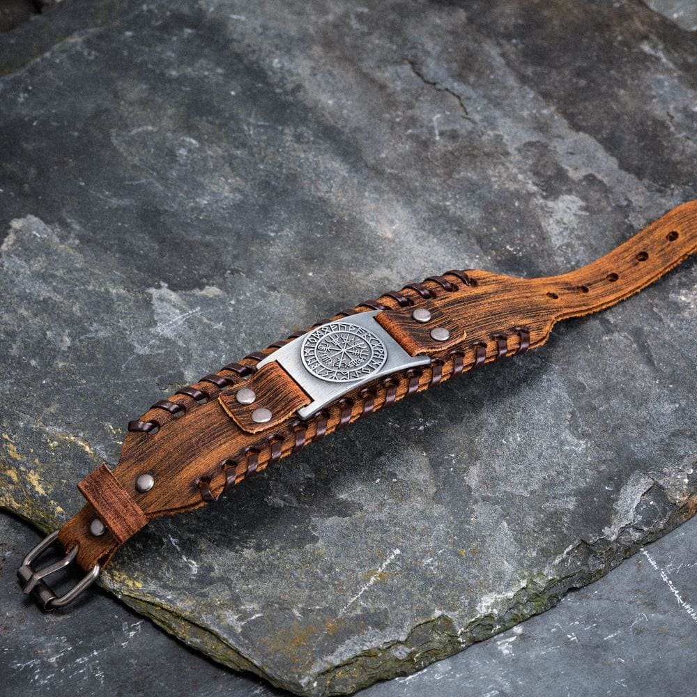 Leather Buckle Arm Cuff With Metal Vegvisir Design-Viking Bracelet-Norse Spirit