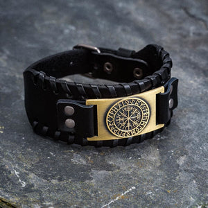 Leather Buckle Arm Cuff With Metal Vegvisir Design-Viking Bracelet-Norse Spirit