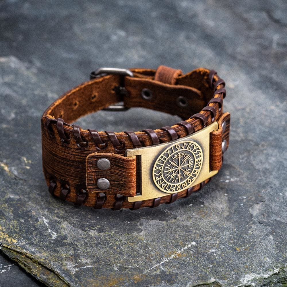 Leather Buckle Arm Cuff With Metal Vegvisir Design-Viking Bracelet-Norse Spirit