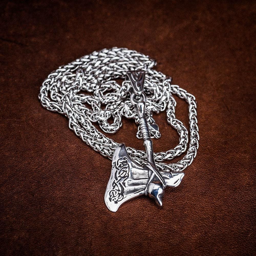 Polished Stainless Steel Axe With Vegvisir Design-Viking Necklace-Norse Spirit