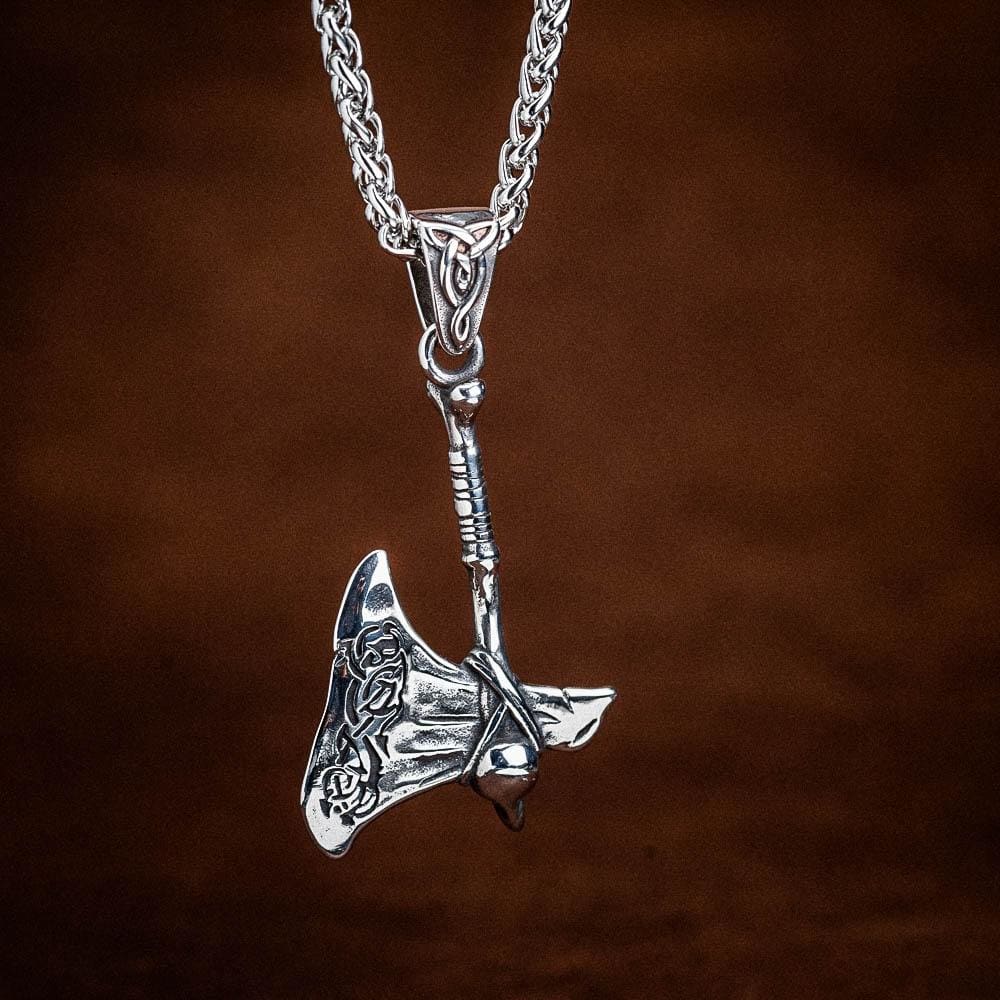 Polished Stainless Steel Axe With Vegvisir Design-Viking Necklace-Norse Spirit