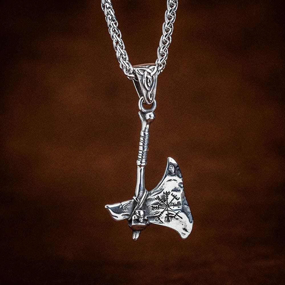 Polished Stainless Steel Axe With Vegvisir Design-Viking Necklace-Norse Spirit
