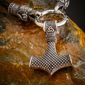 Raven's Head Leather Kings Chain With Thor's Hammer Pendant-Viking Necklace-Norse Spirit