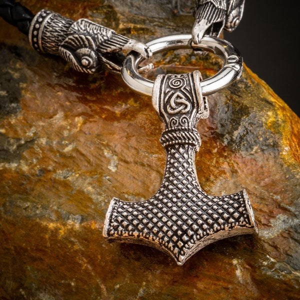 Raven's Head Leather Kings Chain With Thor's Hammer Pendant