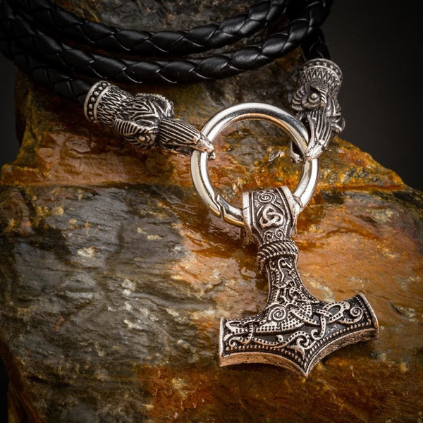 Raven's Head Leather Kings Chain With Thor's Hammer Pendant - Norse Spirit