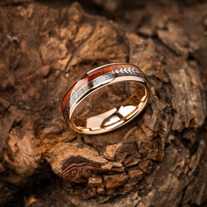 Rose Gold Tungsten Carbide Wedding Band With Wood and Arrow Inlay-Viking Ring-Norse Spirit