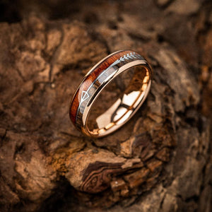 Rose Gold Tungsten Carbide Wedding Band With Wood and Arrow Inlay-Viking Ring-Norse Spirit