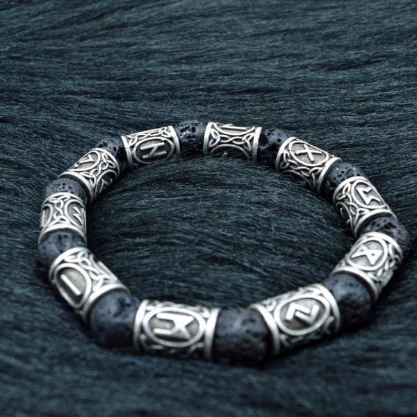 Silver Rune and Black Lava Stone Bracelet - Norse Spirit
