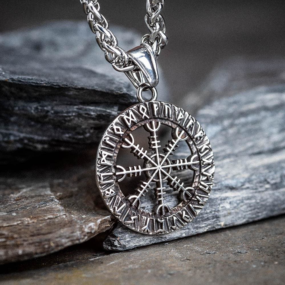 Small Circular Stainless Steel Helm of Awe and Runes Pendant-Viking Necklace-Norse Spirit