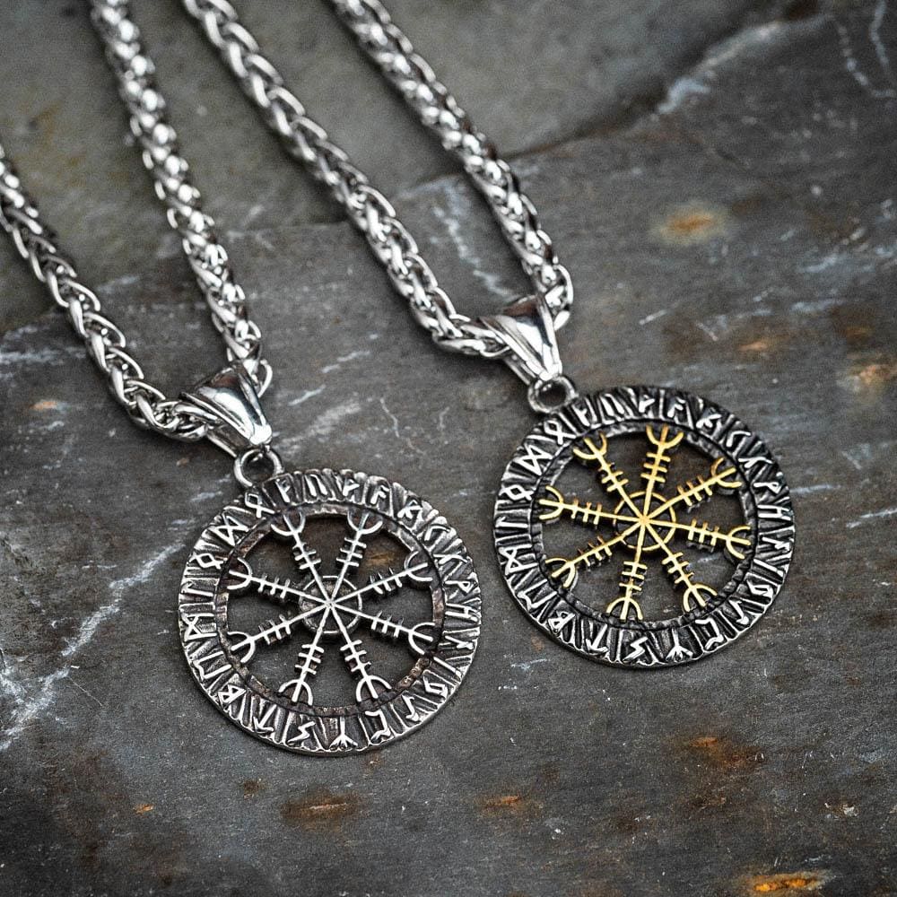 Small Circular Stainless Steel Helm of Awe and Runes Pendant-Viking Necklace-Norse Spirit