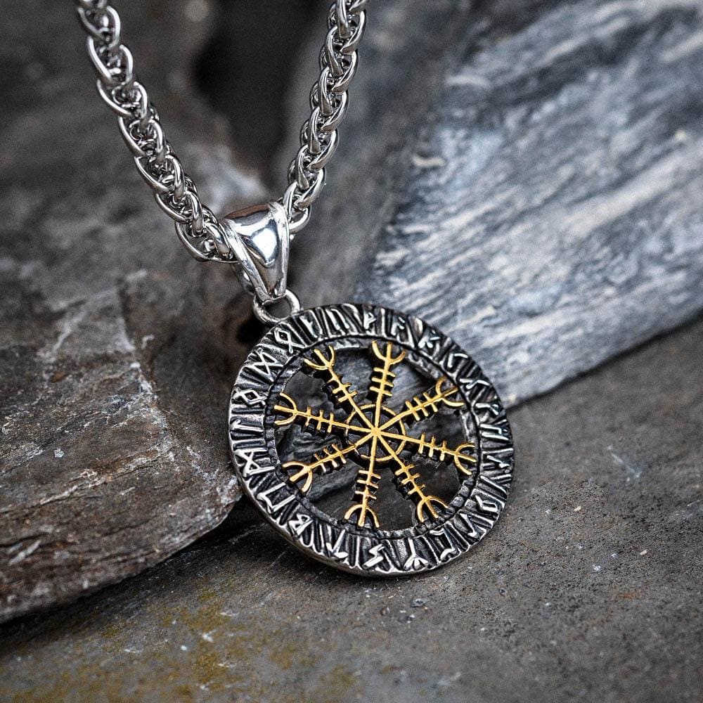 Small Circular Stainless Steel Helm of Awe and Runes Pendant-Viking Necklace-Norse Spirit