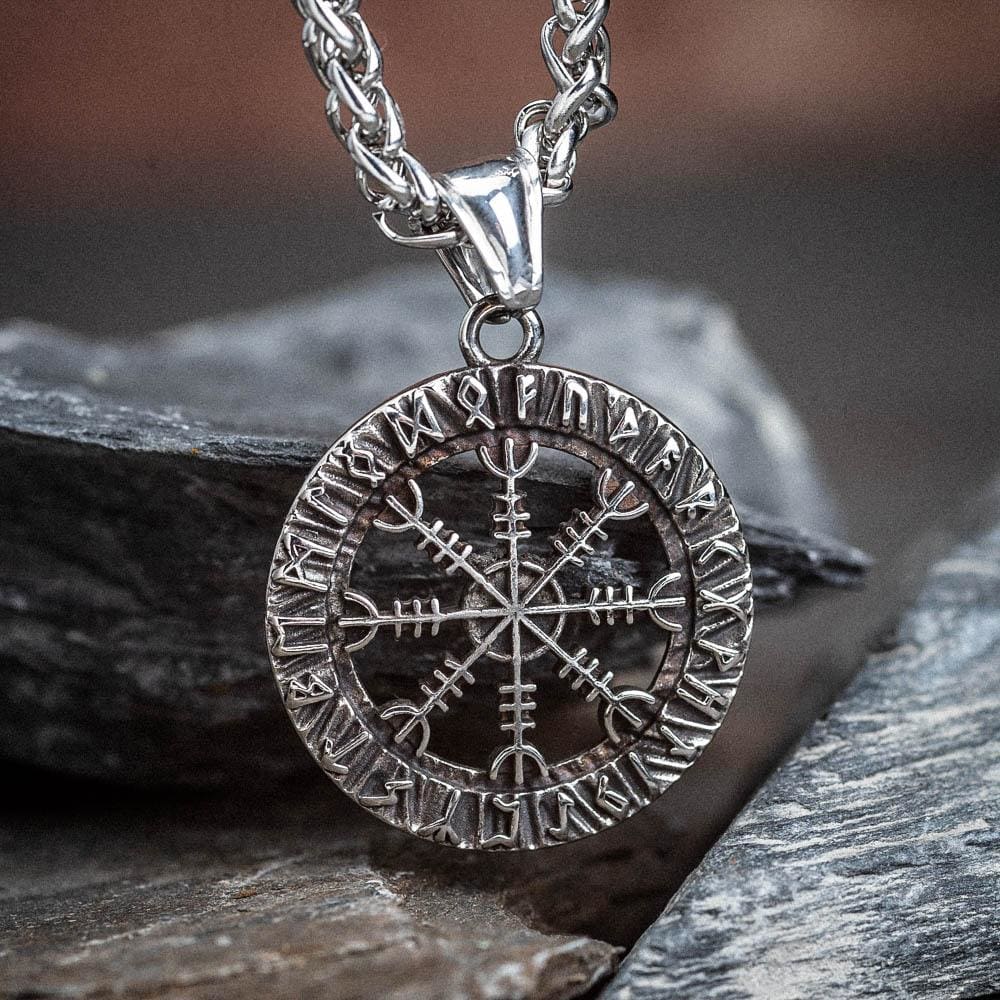 Small Circular Stainless Steel Helm of Awe and Runes Pendant-Viking Necklace-Norse Spirit