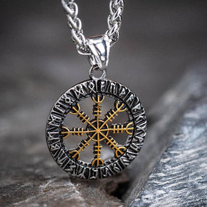 Small Circular Stainless Steel Helm of Awe and Runes Pendant-Viking Necklace-Norse Spirit