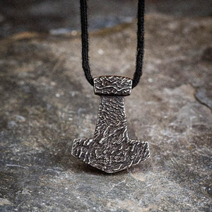 Stainless Steel Aged Mjolnir on Black Cord-Viking Necklace-Norse Spirit