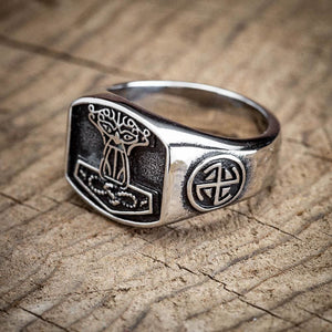 Stainless Steel 'Aged' Mjolnir Signet Ring-Viking Ring-Norse Spirit