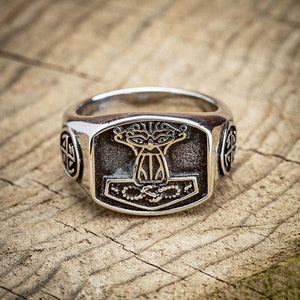 Stainless Steel 'Aged' Mjolnir Signet Ring-Viking Ring-Norse Spirit